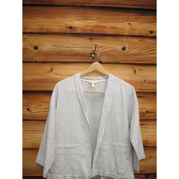 Eileen Fisher Ivory Organic Linen Cotton Boxy Ticking Stripe Jacket Size S - Picture 5 of 10